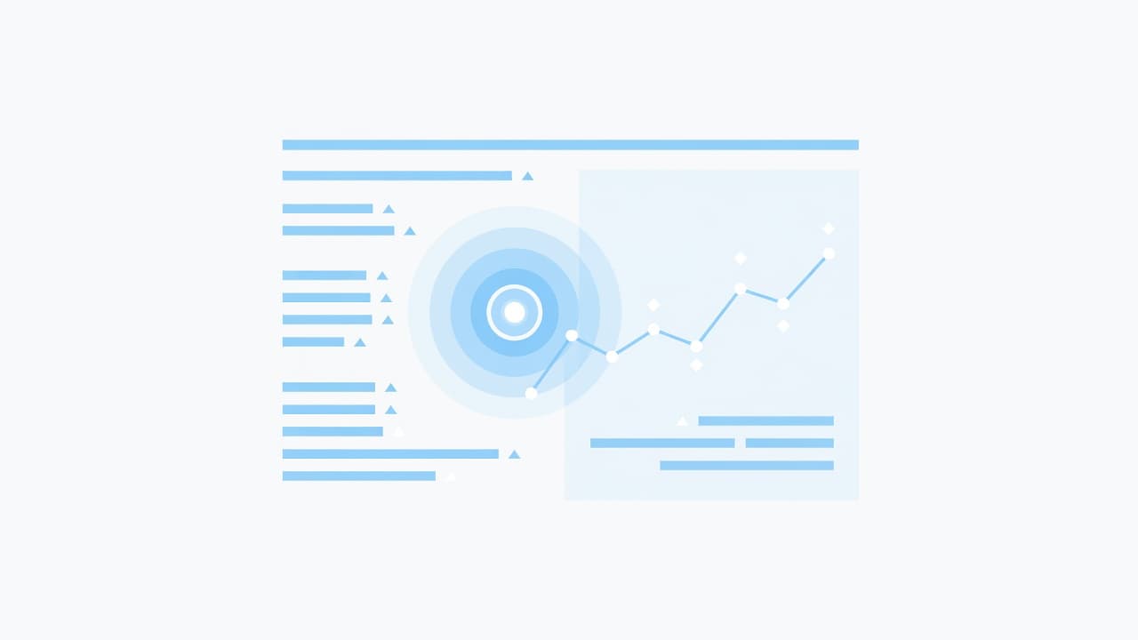 A digital graphic displays a clean user interface featuring light blue geometric shapes and ascending line graphs. These elements represent optimized site navigation and rapid data processing for business analytics.