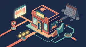 A storefront connected by pathways to digital marketing icons like a website, map pin, and review stars.