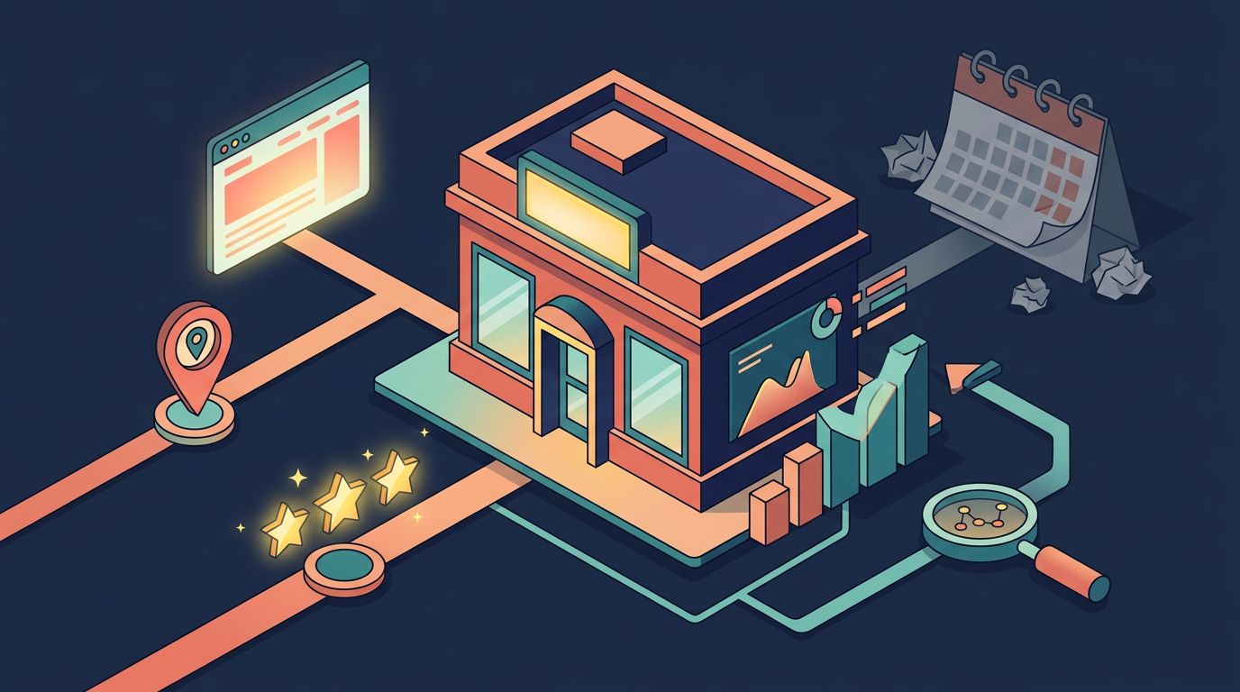 A storefront connected by pathways to digital marketing icons like a website, map pin, and review stars.