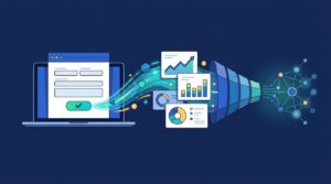 A laptop contact form connecting to an analytics conversion funnel on a navy background.