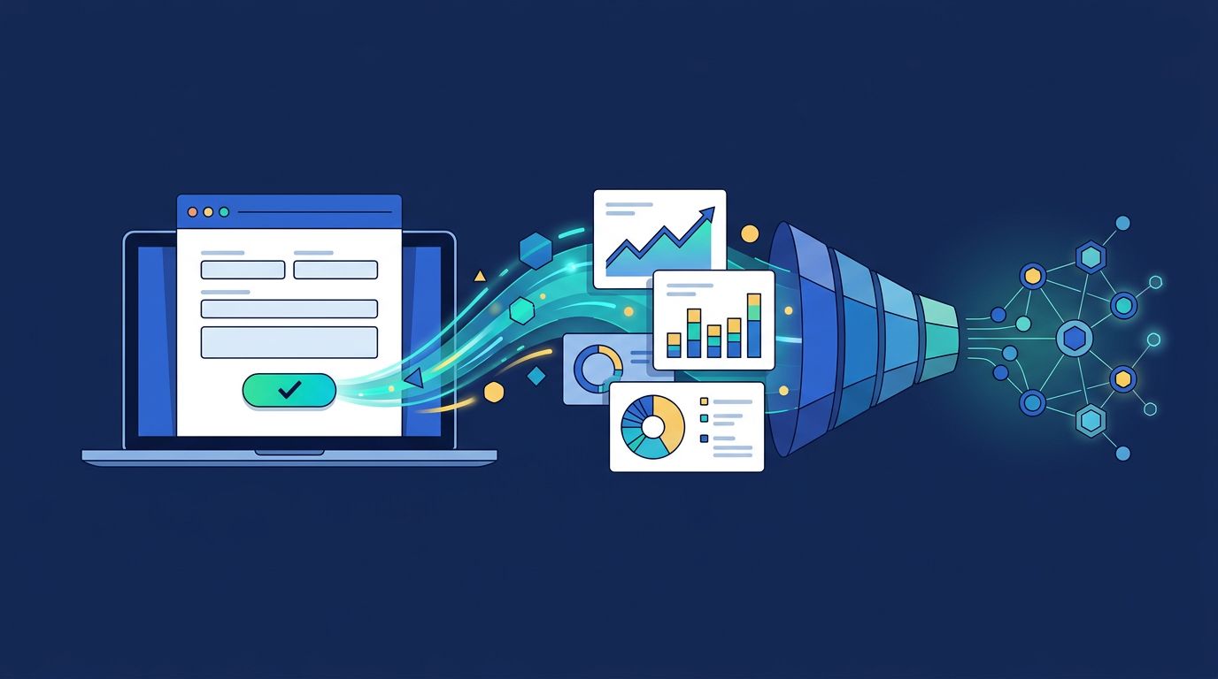 A laptop contact form connecting to an analytics conversion funnel on a navy background.
