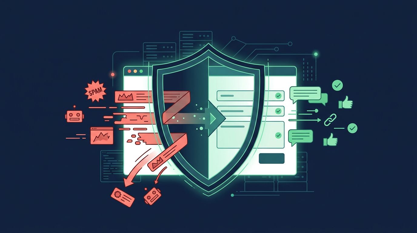 A glowing security shield filtering red spam icons from green customer signals on a browser window.