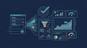 A glowing conversion funnel and rising chart on a navy background.