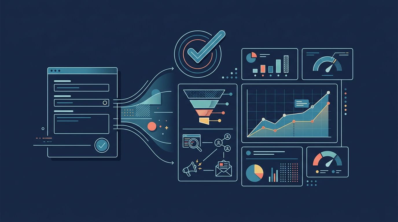 A glowing conversion funnel and rising chart on a navy background.
