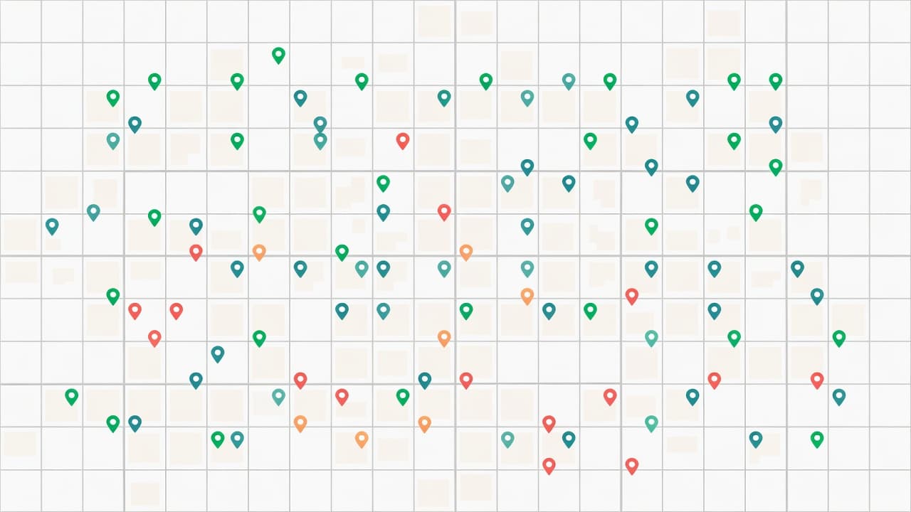 A minimalist neighborhood grid features colorful pins scattered across street blocks. The distinct markers signify varying performance levels for local businesses, highlighted against a clean, neutral architectural map background design.
