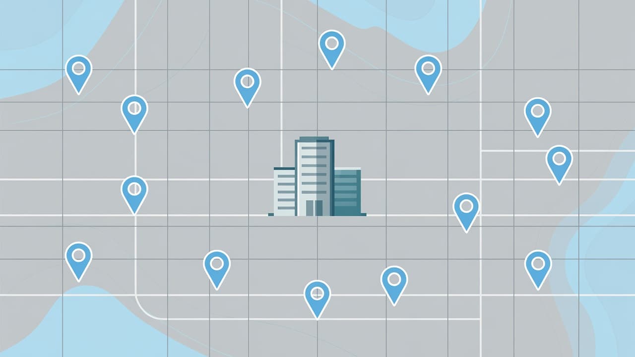 A stylized digital map illustration features vibrant navigation markers scattered across a grid. A professional building icon centers the composition, surrounded by clean geometric shapes representing a streamlined local business profile.