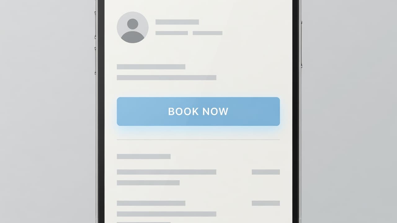 A smartphone screen displays a clean business profile with a professional booking button.