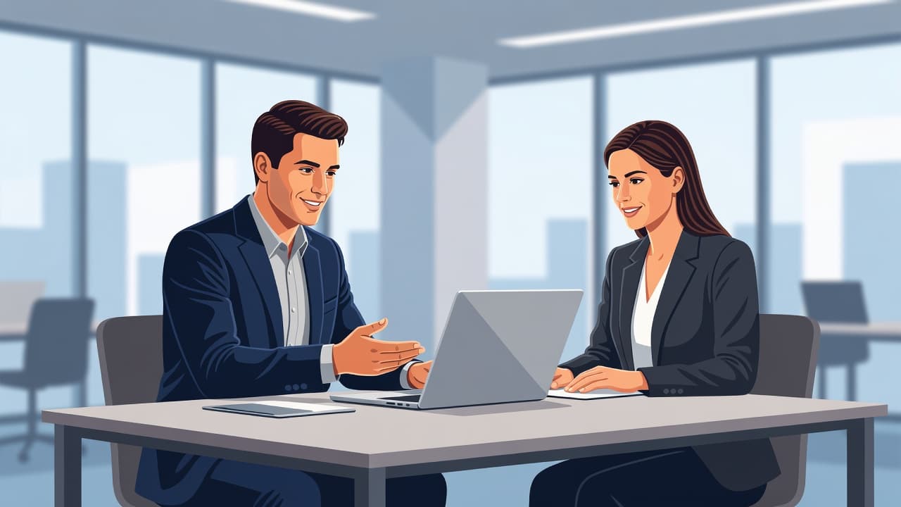 Two professionals sit at a sleek desk collaborating on a digital task. A bright, minimalist office setting frames them as they share focus on a laptop screen during a secure transfer.