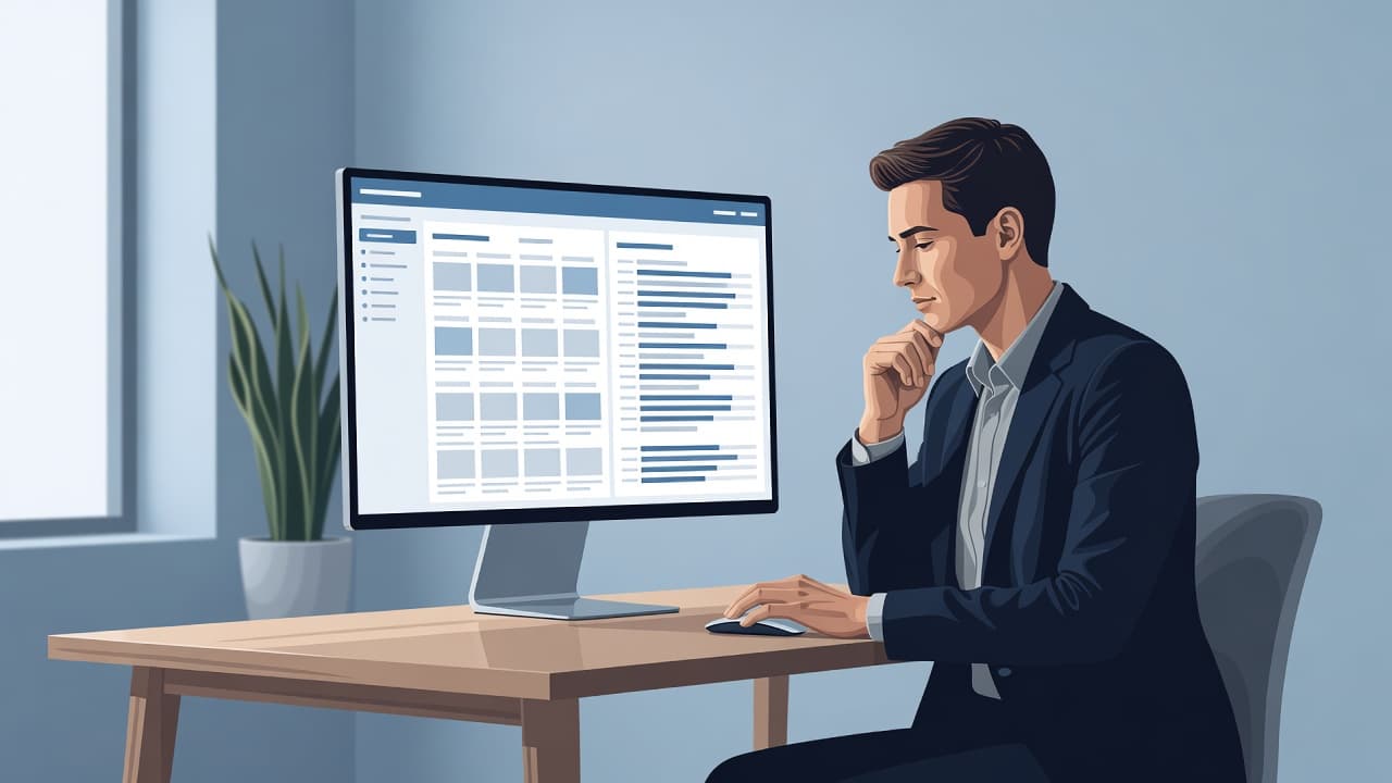 A marketing professional reviews website pages on a computer screen in a clean office.