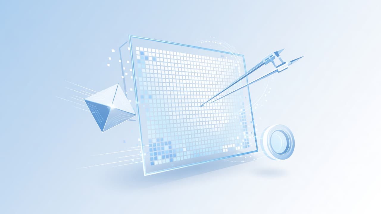 Clean abstract shapes and blue icons shift a large central frame into a smaller size. This composition represents the technical process of compressing digital assets for improved website performance and speed.