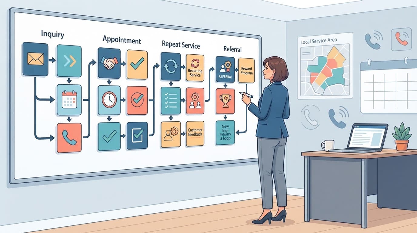 Office manager mapping a connected customer workflow beside a laptop.