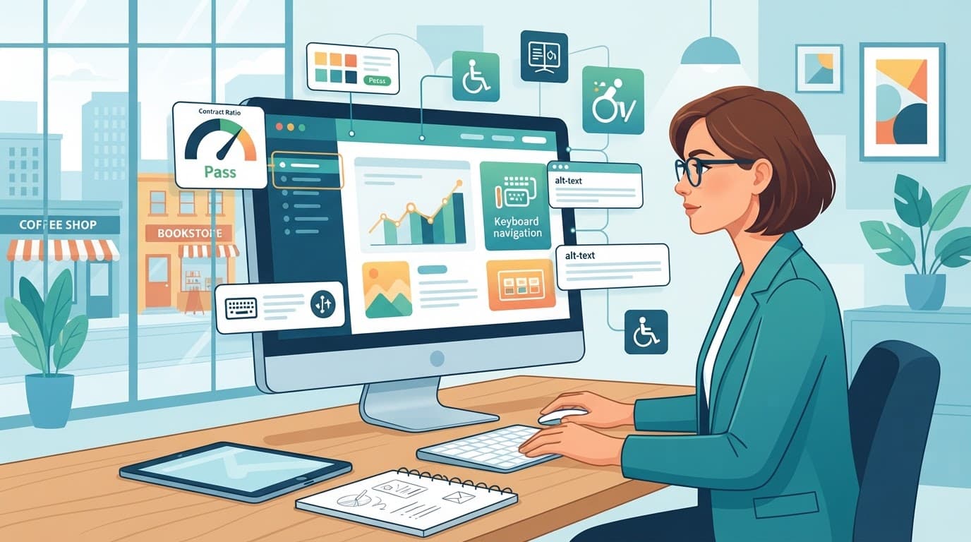 A business owner reviews website accessibility on a computer.
