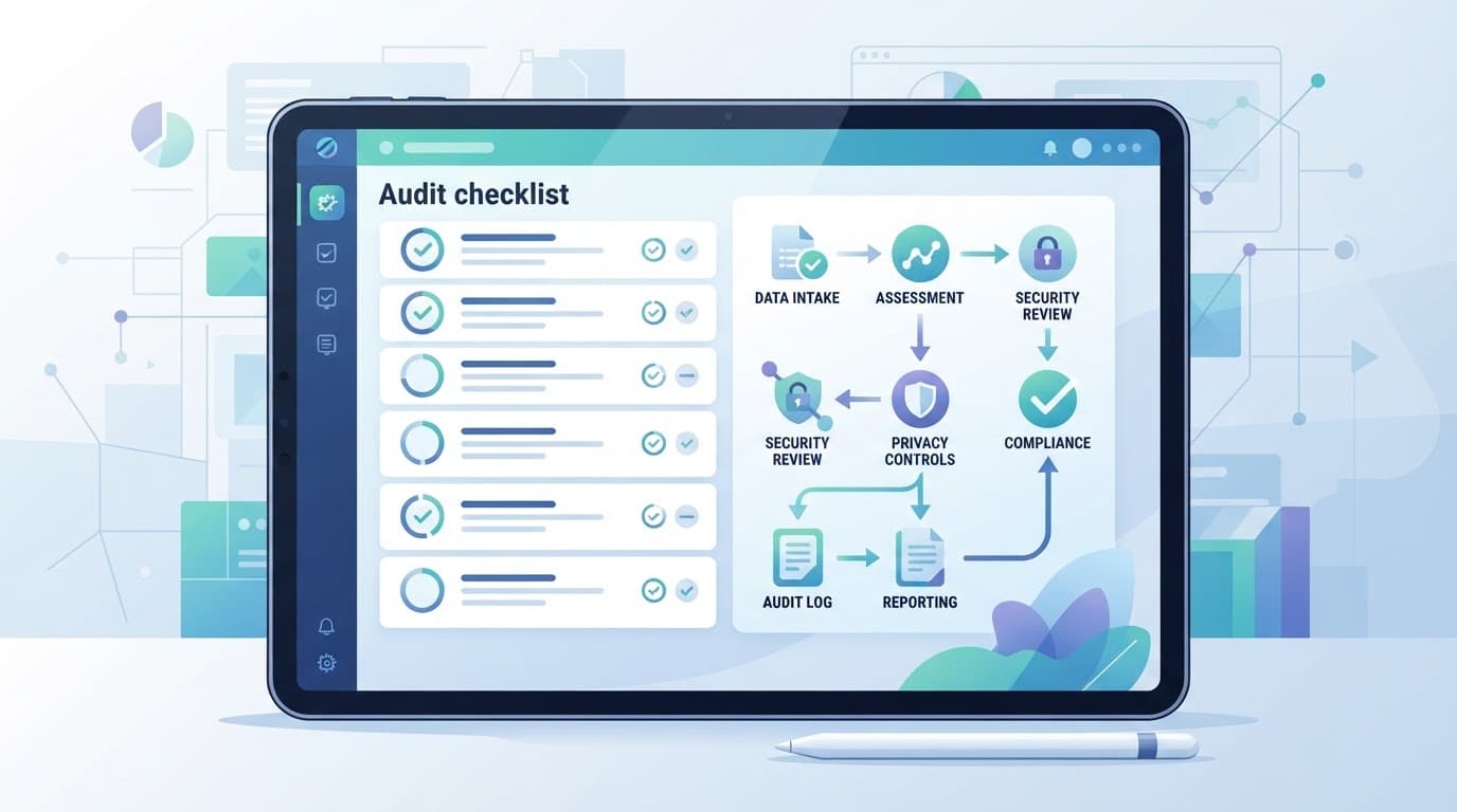 A tablet showing a privacy audit checklist with shield and verification symbols.