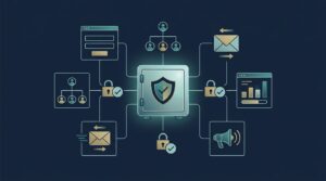 A glowing data vault links marketing icons through locks and consent checks.