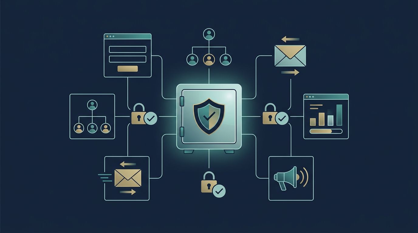 A glowing data vault links marketing icons through locks and consent checks.