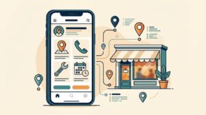 A smartphone with service icons connects to a welcoming neighborhood storefront.