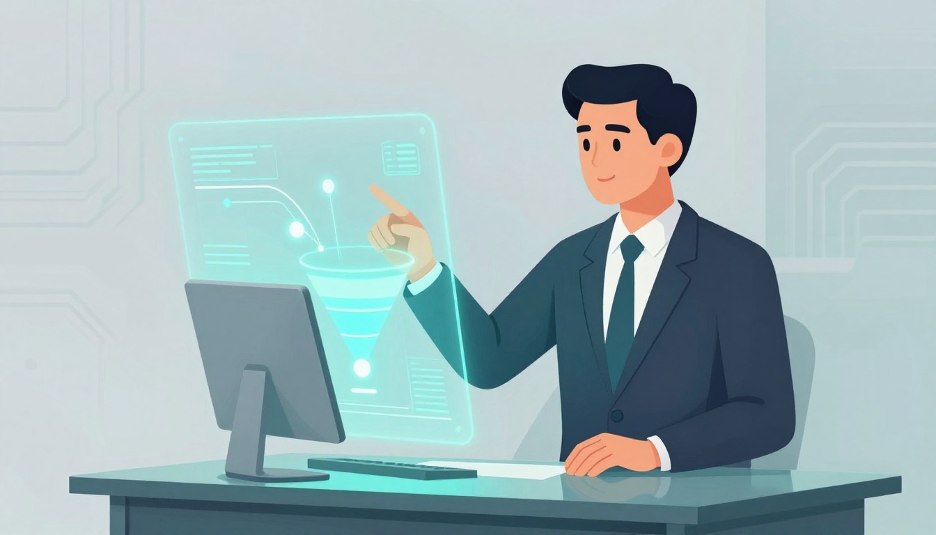 A salesperson touches a glowing sales funnel hologram beside a glass desk in a minimalist office.
