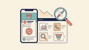 A smartphone and audit dashboard show falling calls and a disconnected phone cable.