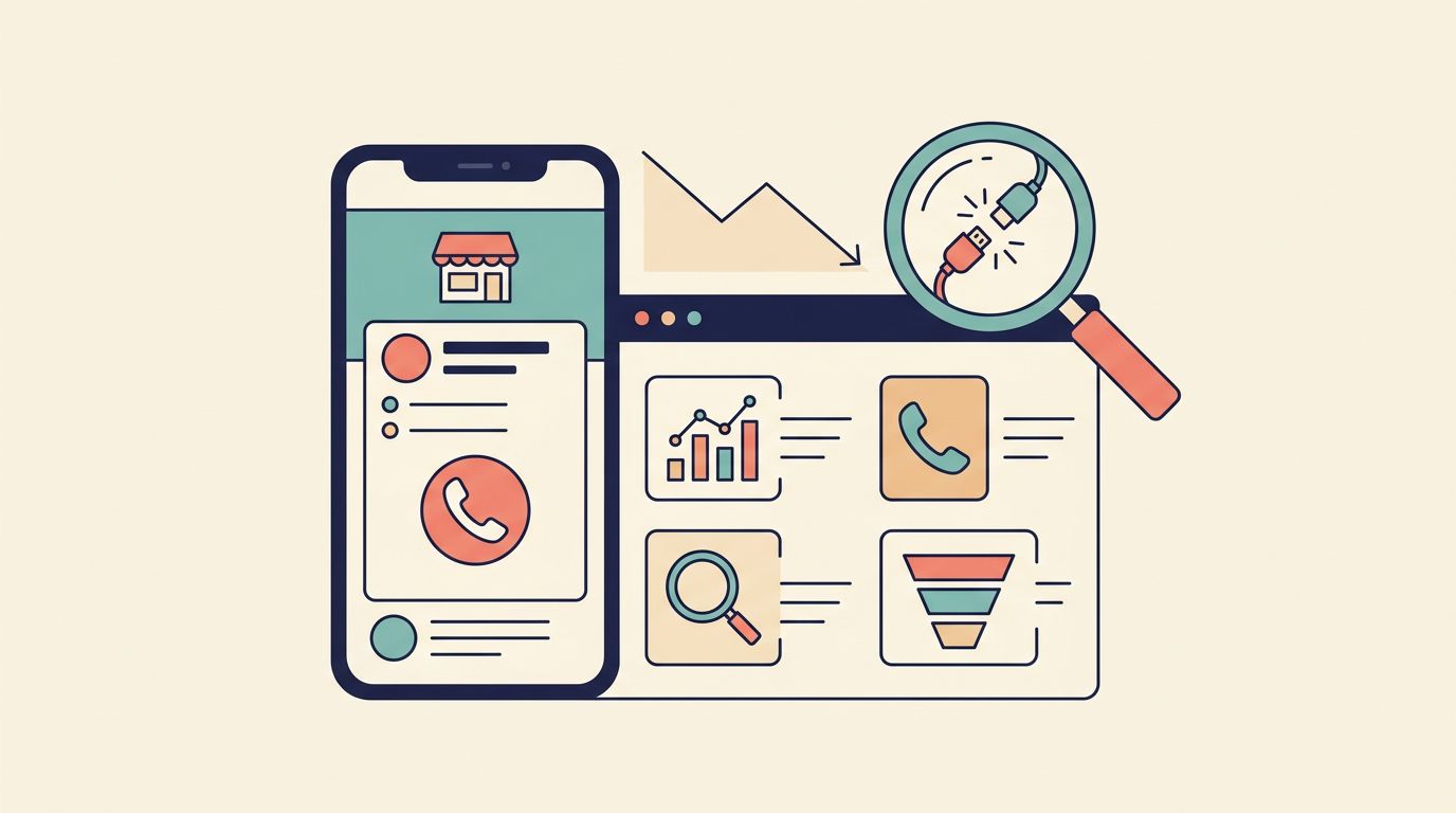 A smartphone and audit dashboard show falling calls and a disconnected phone cable.