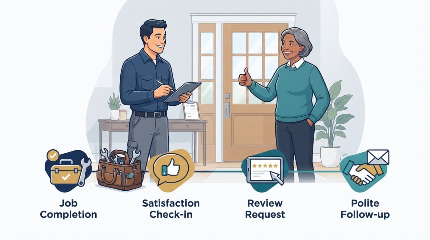 Technician finishing a home repair as a homeowner gives a thumbs-up beside a four-step icon timeline.