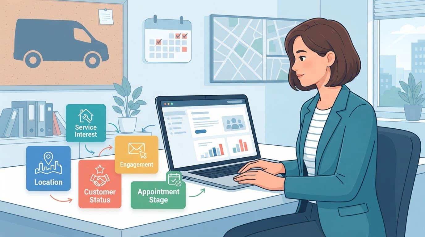 Business owner reviewing colored customer segment cards beside a laptop.