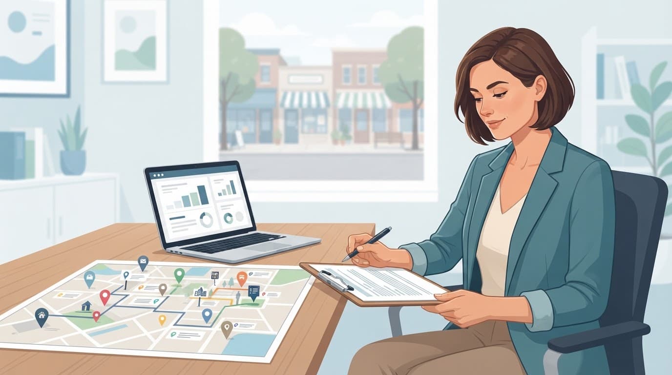 Business owner reviews a neighborhood map beside a laptop in a bright office.