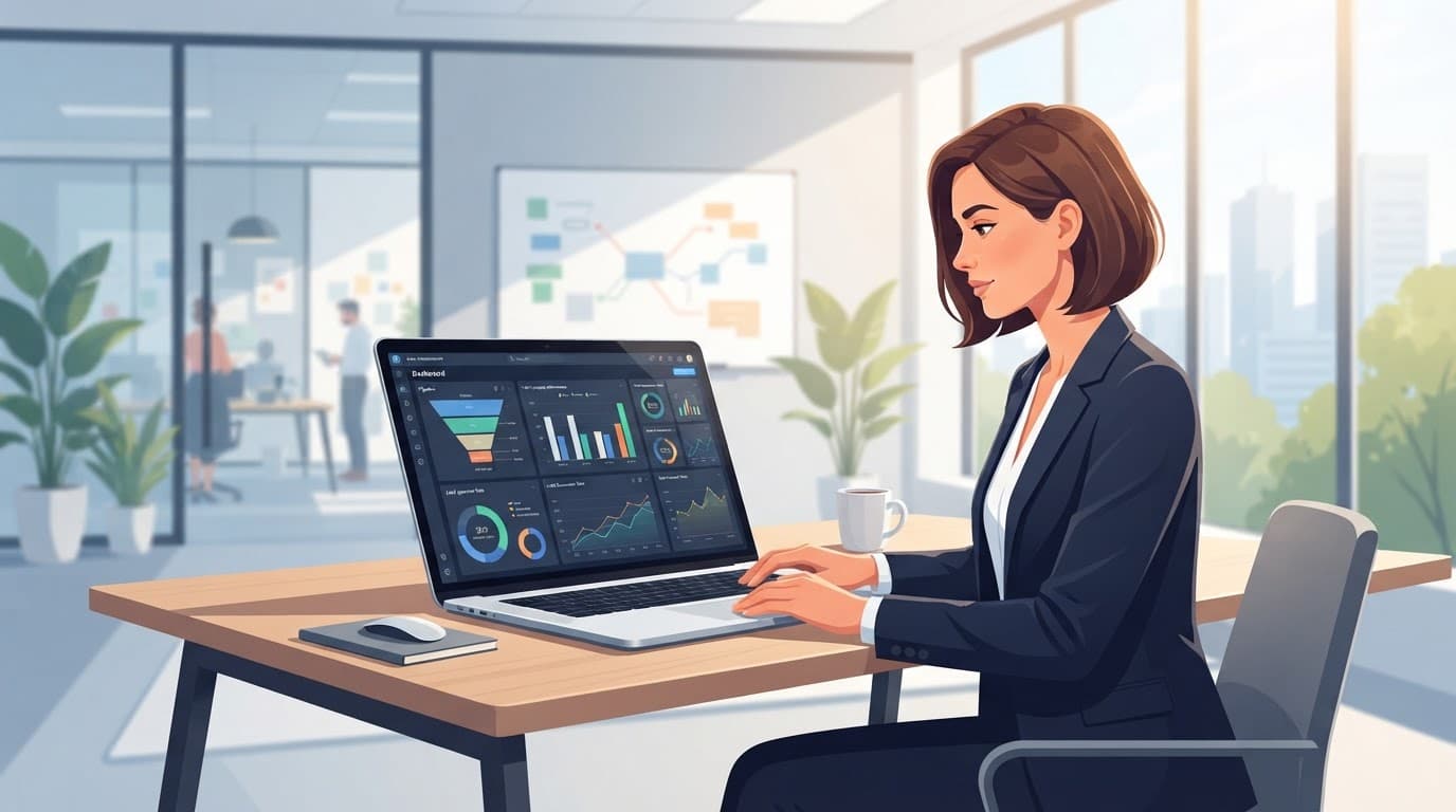 A sales representative reviewing sales metrics on a laptop in a bright modern office.