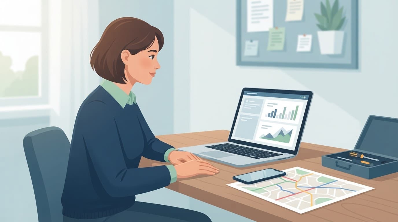A business operator reviews a customer inquiry beside a laptop, phone, route map, and toolkit.
