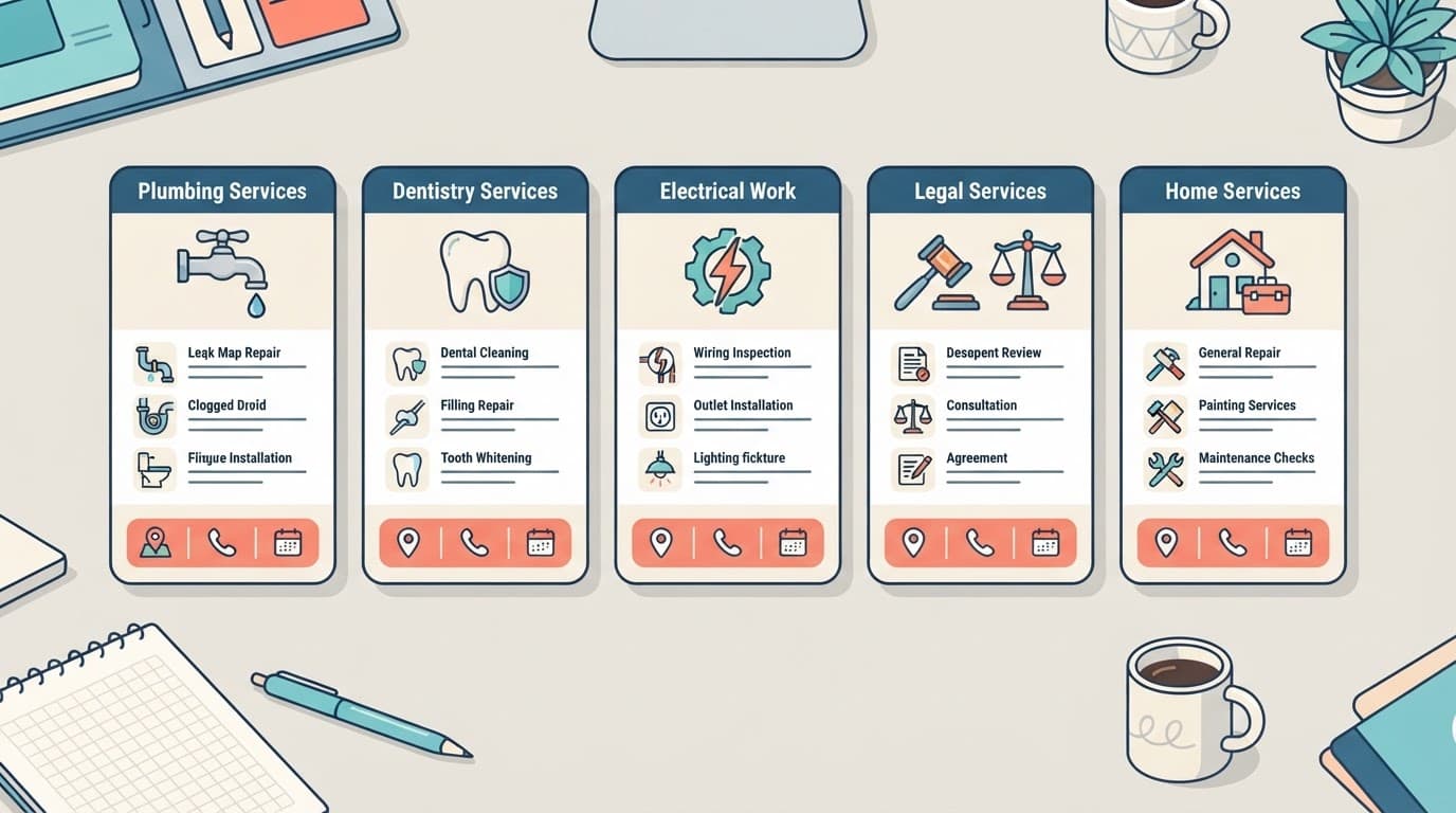 Five service cards with map, phone, and booking icons in a neat grid.