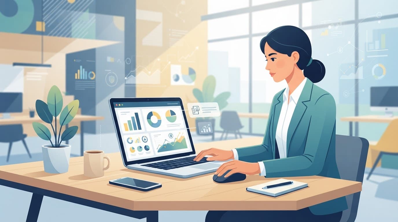 A business owner reviews privacy data on a laptop dashboard.