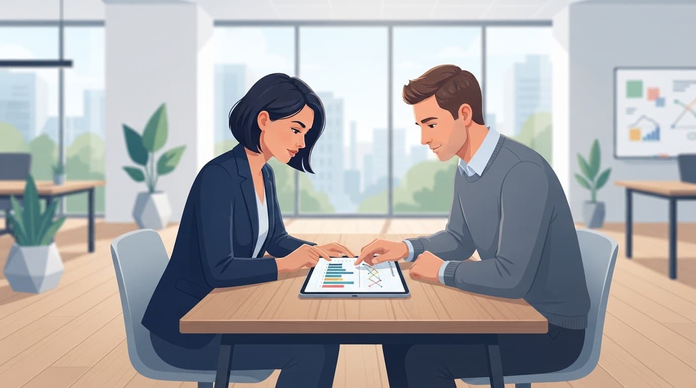 Two colleagues review sales charts on a tablet in a bright modern office.
