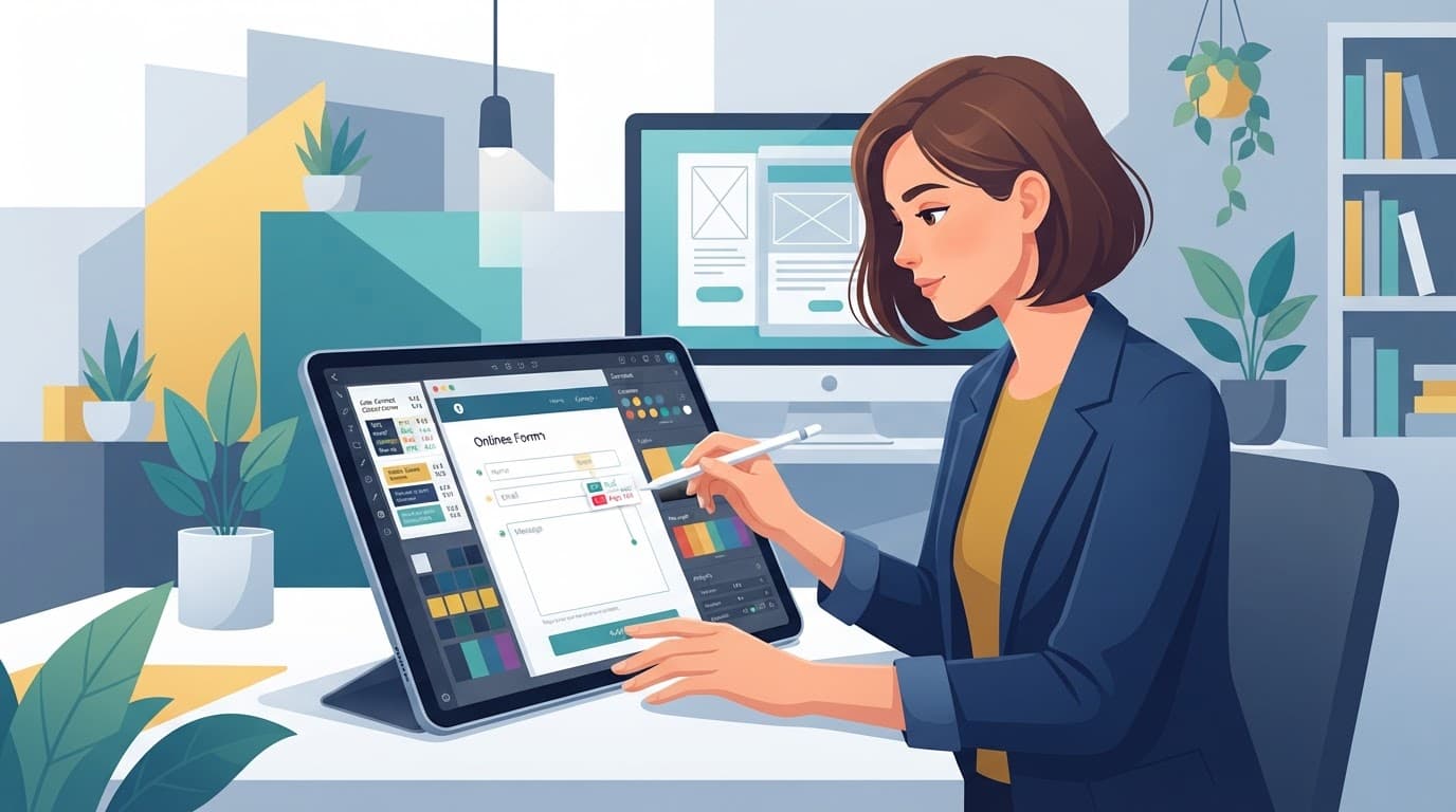 A web designer reviews color contrast and form elements on a digital tablet.