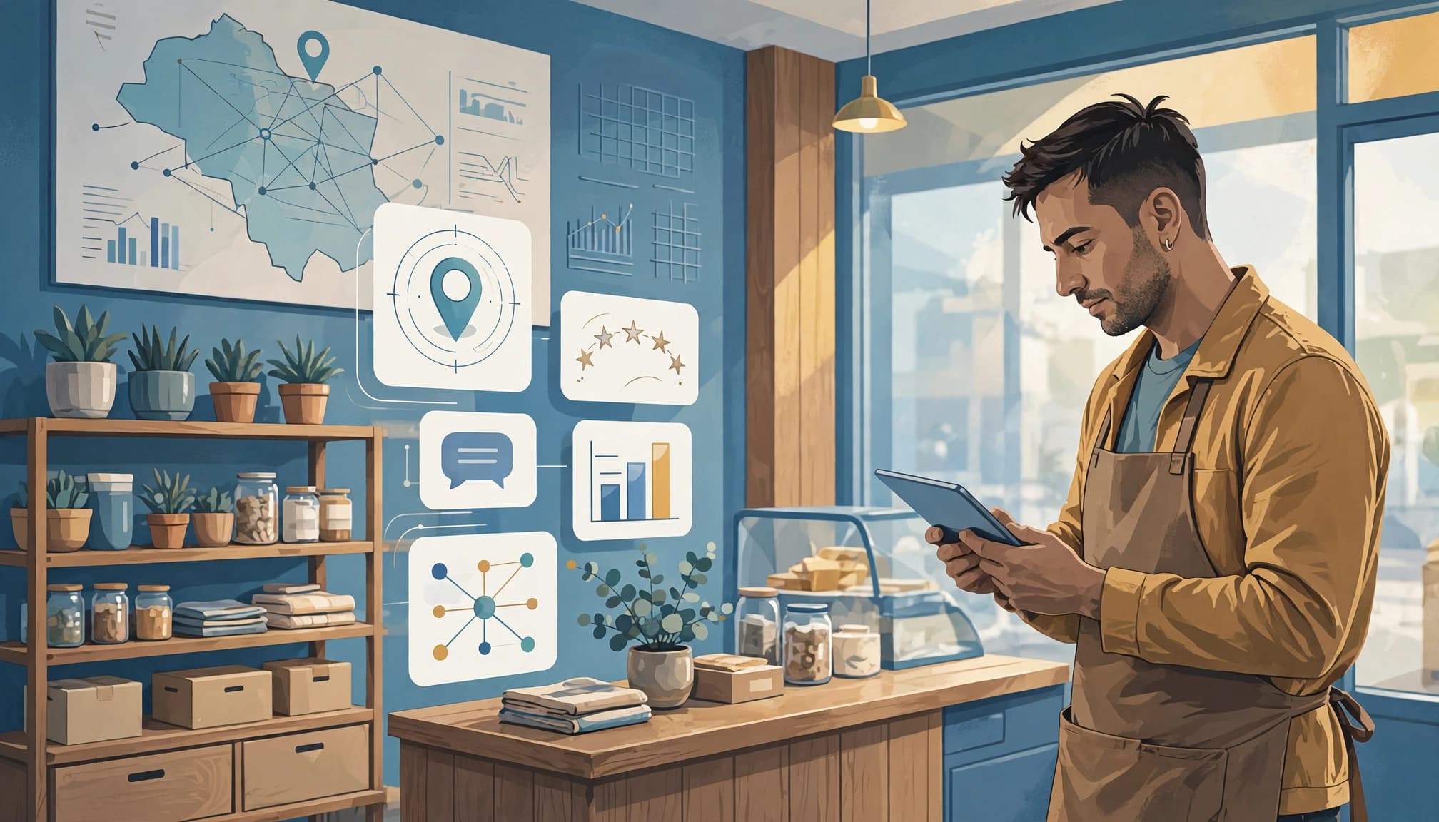 A business owner reviews a tablet beside profile cards in a bright storefront.