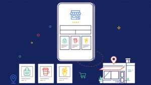 A smartphone shows local products beside a map pin and neighborhood storefront.