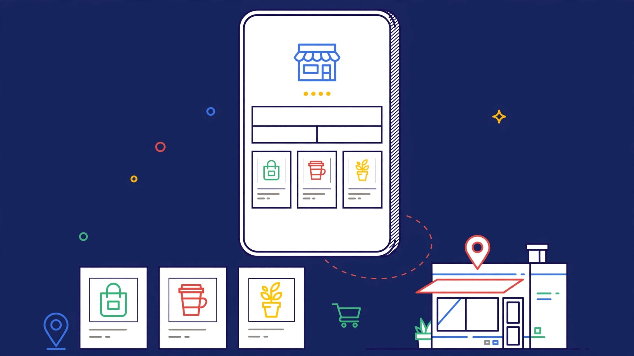 A smartphone shows local products beside a map pin and neighborhood storefront.