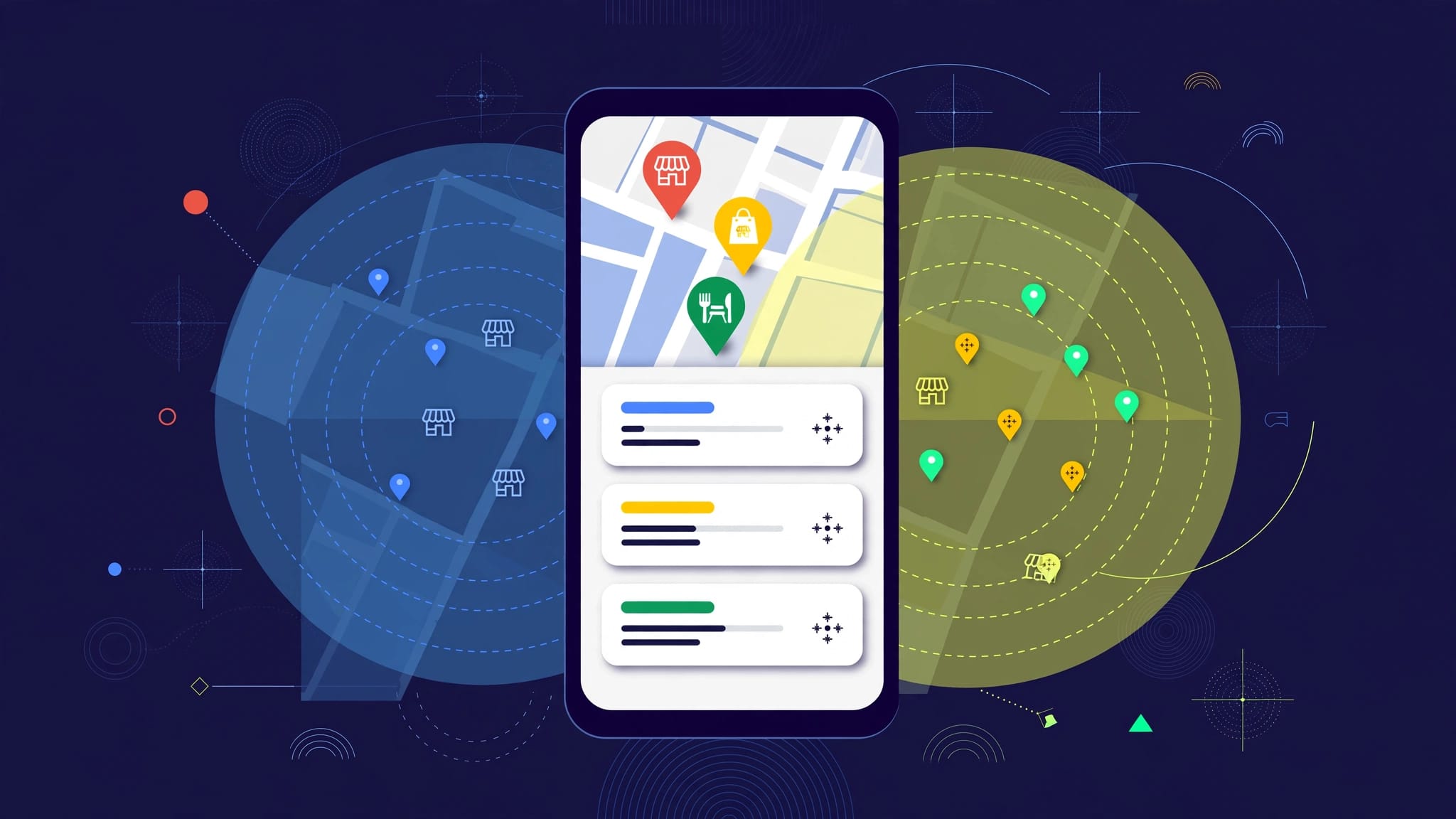 Smartphone showing two map views with colorful business pins and ranking cards.
