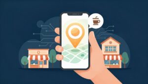 A hand holds a phone with a glowing map pin above a neighborhood.