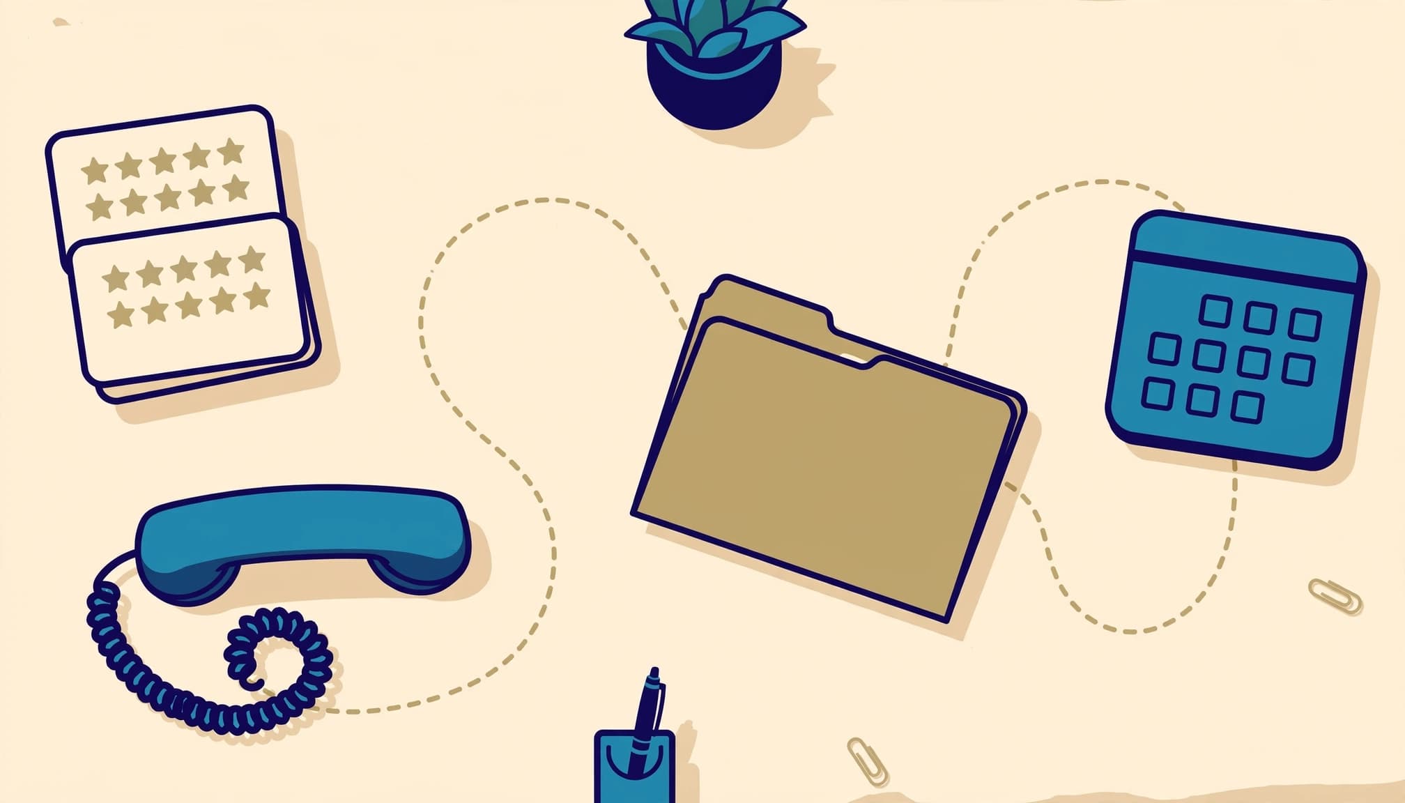 Star review cards, a phone, and a case folder lead toward a calendar icon.