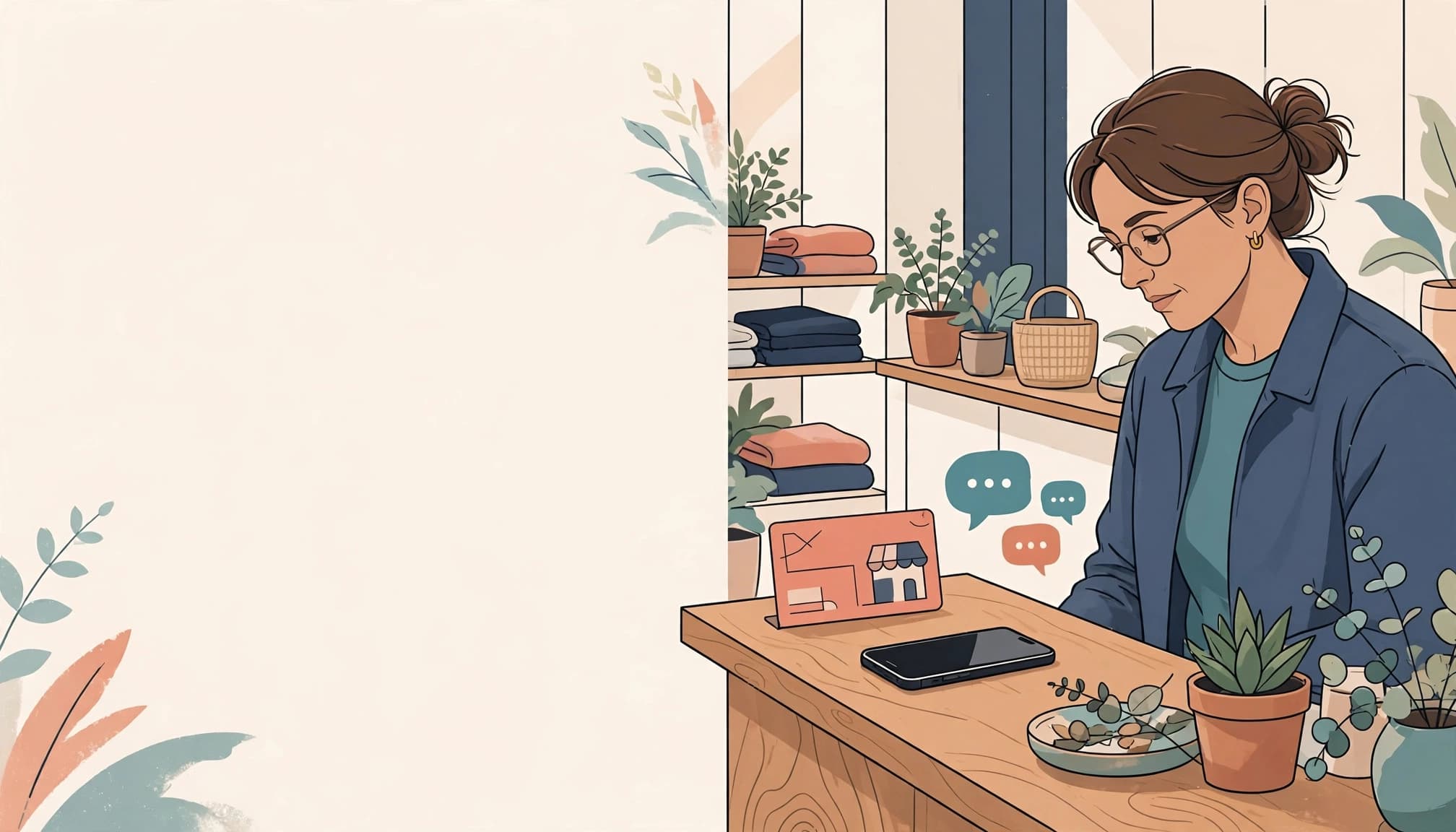 A shop owner holds a phone behind a counter with an appointment card and plants.