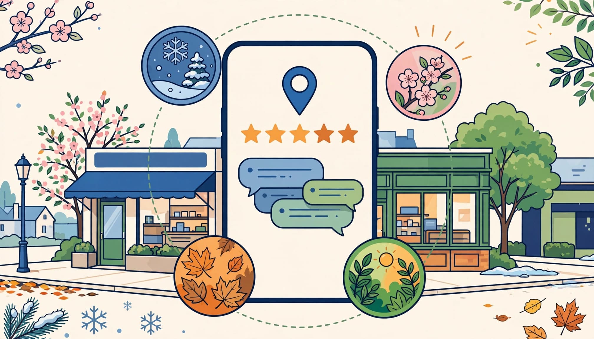 A smartphone with map, review, and seasonal photo symbols in front of a local storefront.