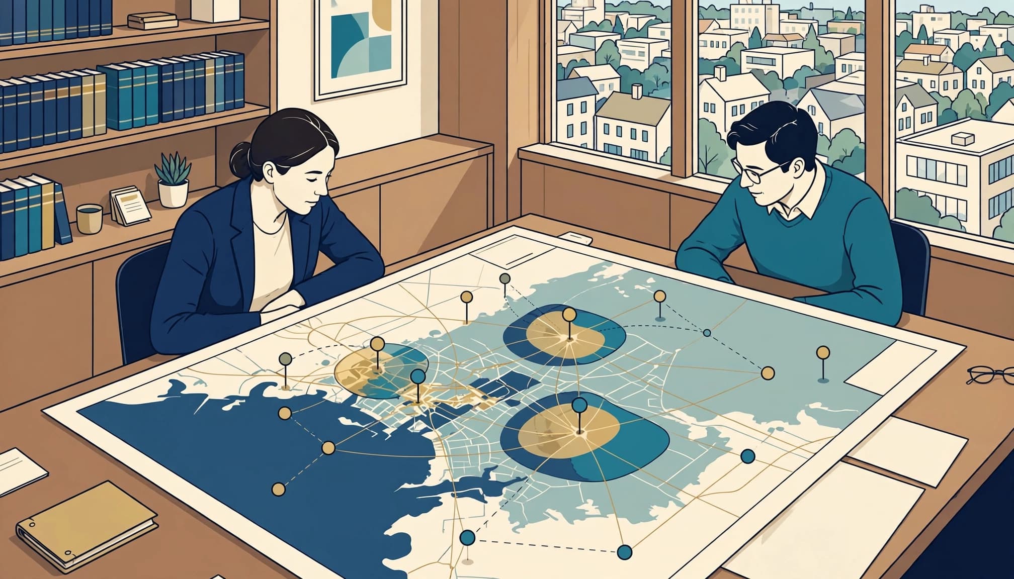 Two adults review a marked city map in a law office meeting room.