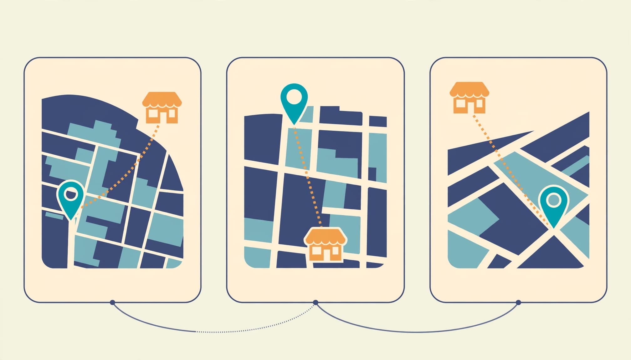 Three map panels show different business pins and routes for nearby users.