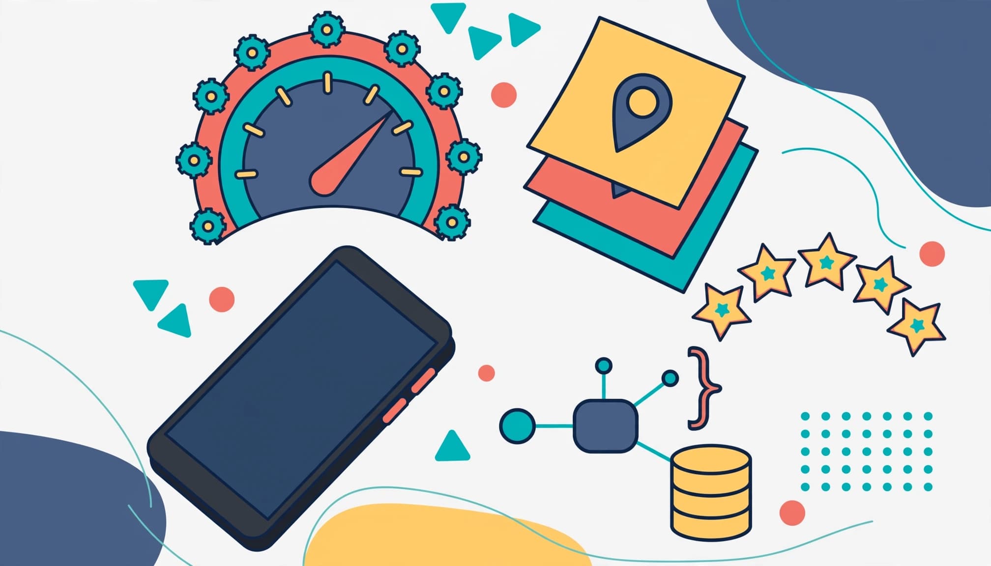 A smartphone and local SEO audit symbols arranged in a circle on a clean surface.