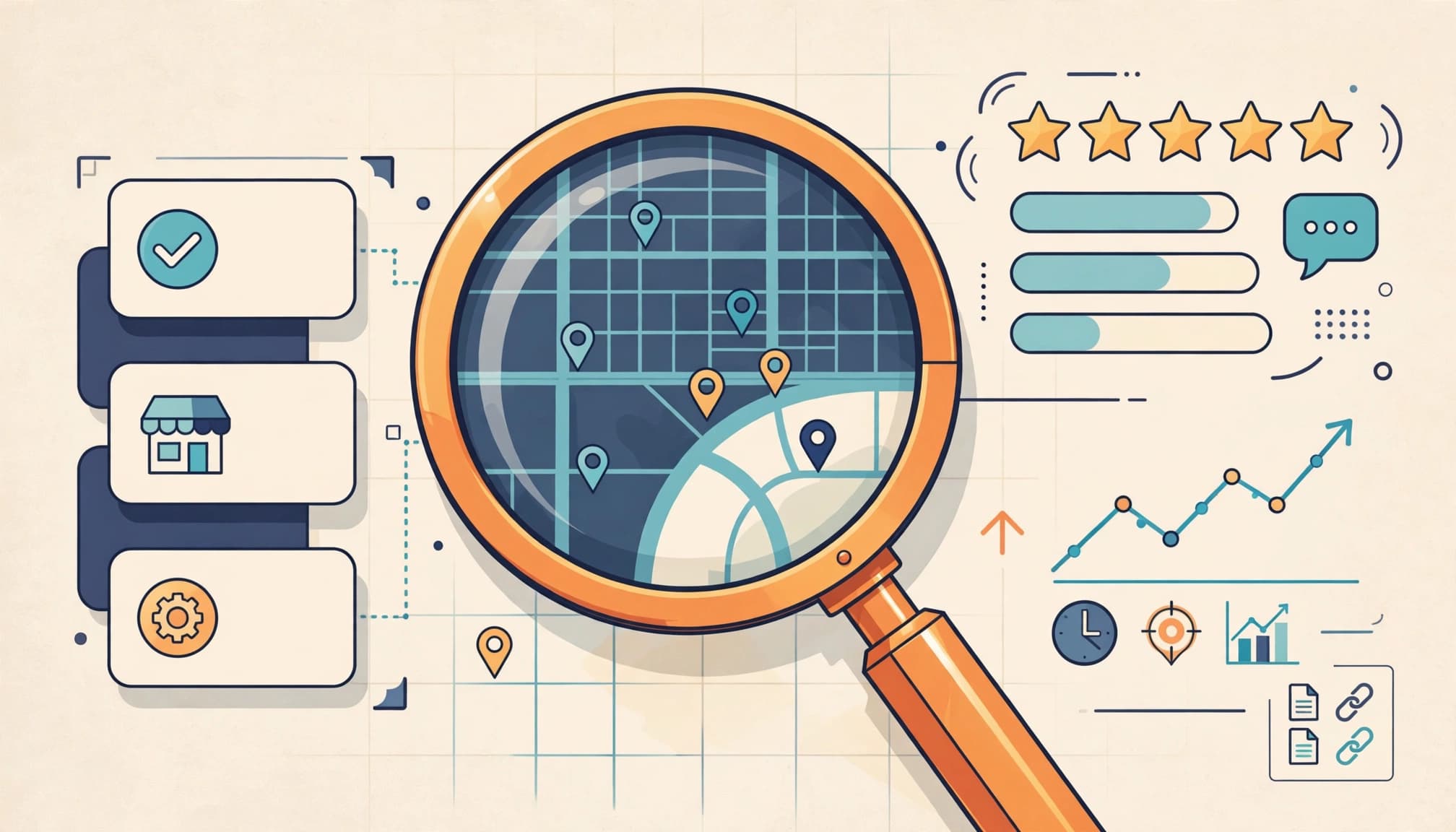 Magnifying glass over a map with review stars and business profile cards.