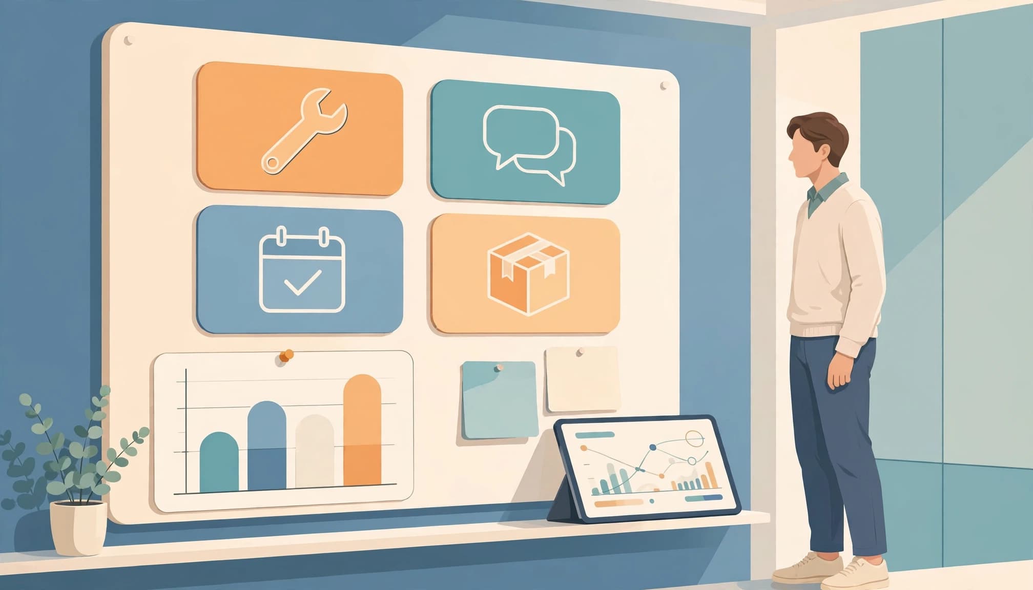 A professional stands beside a board of service icons and an angled tablet.