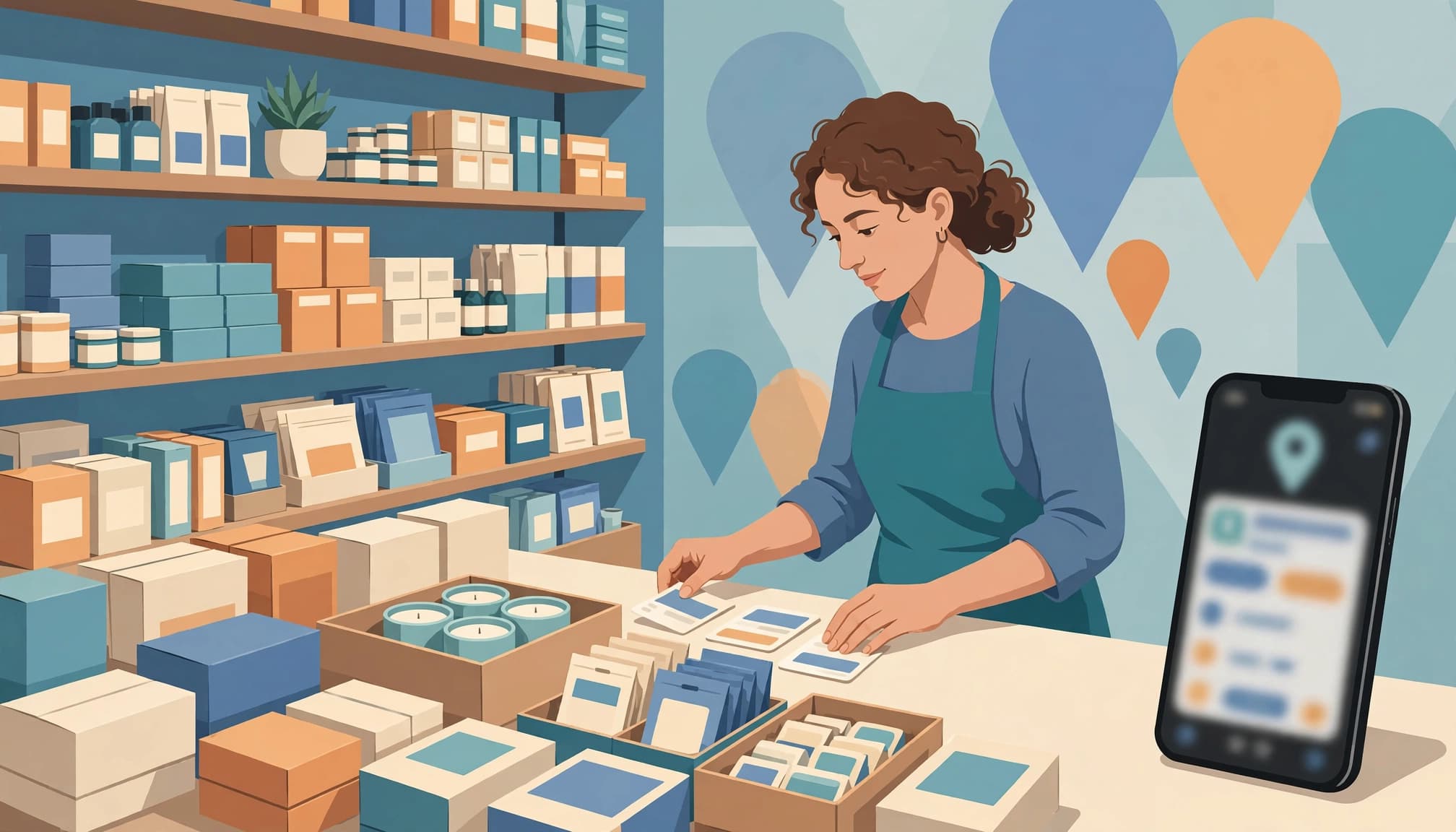 A shop owner arranges product cards beside merchandise and a smartphone in a retail store.
