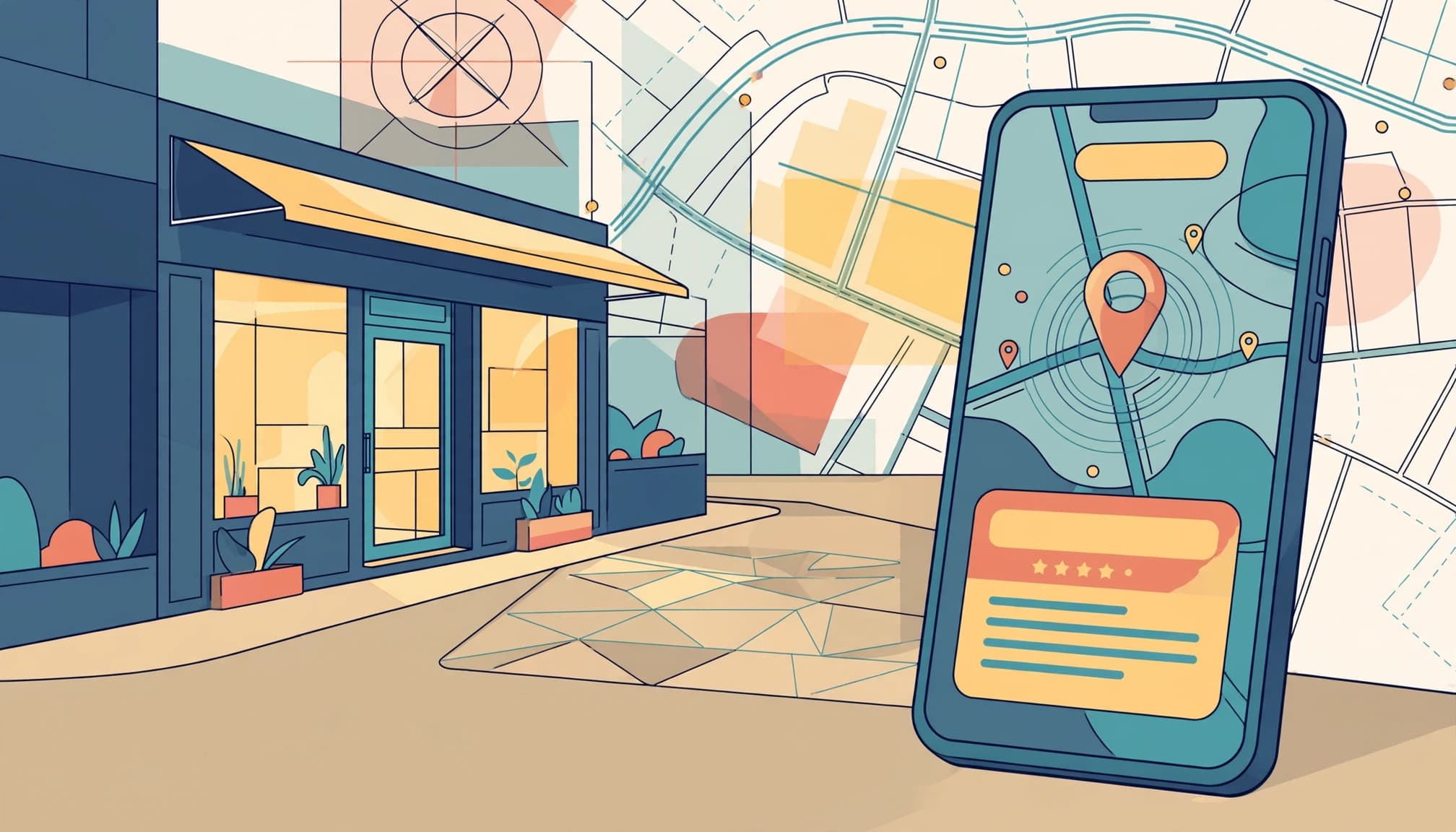 A smartphone showing a location pin beside a small storefront.