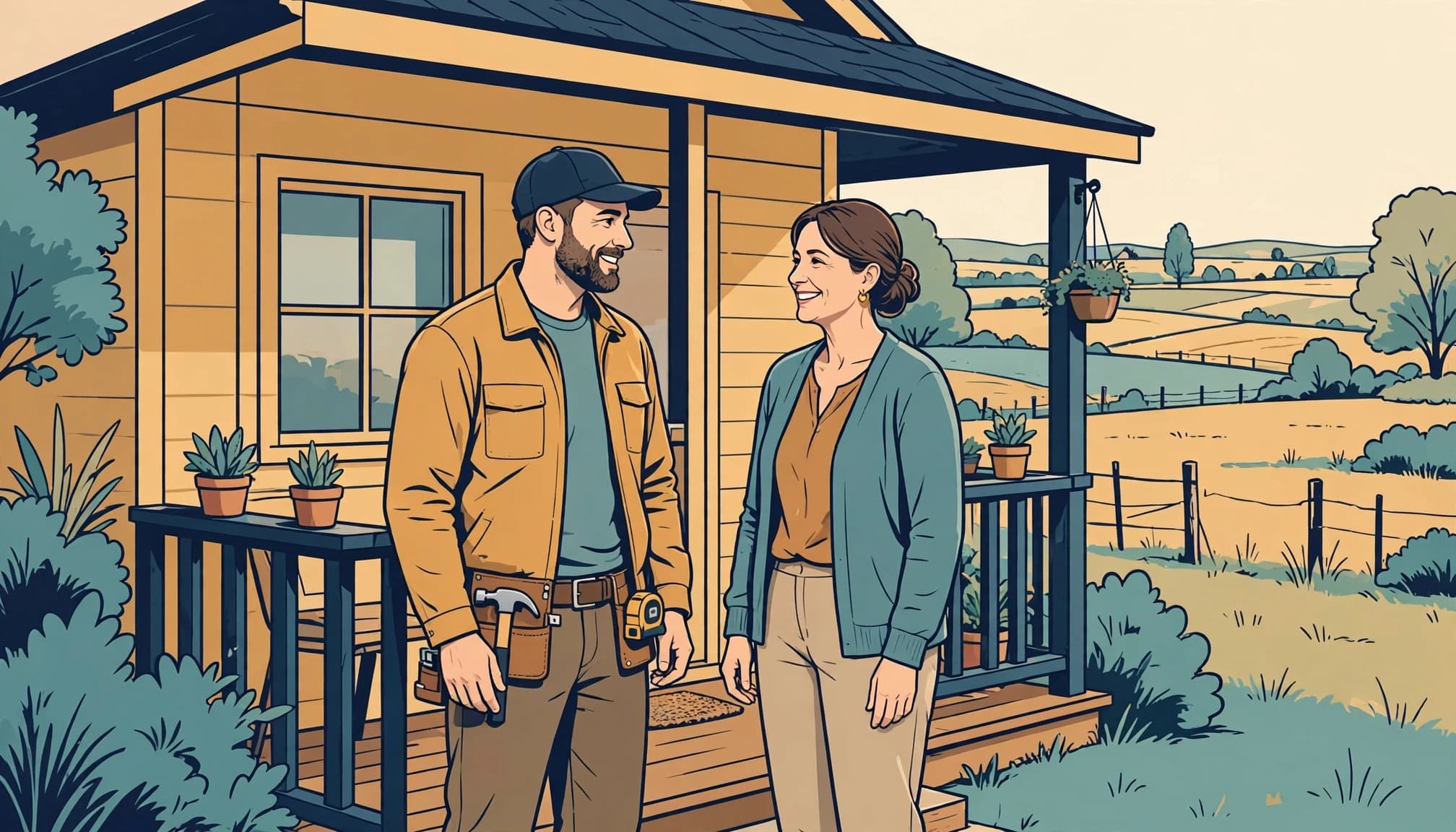 A contractor and customer smile together beside a repaired rural home.