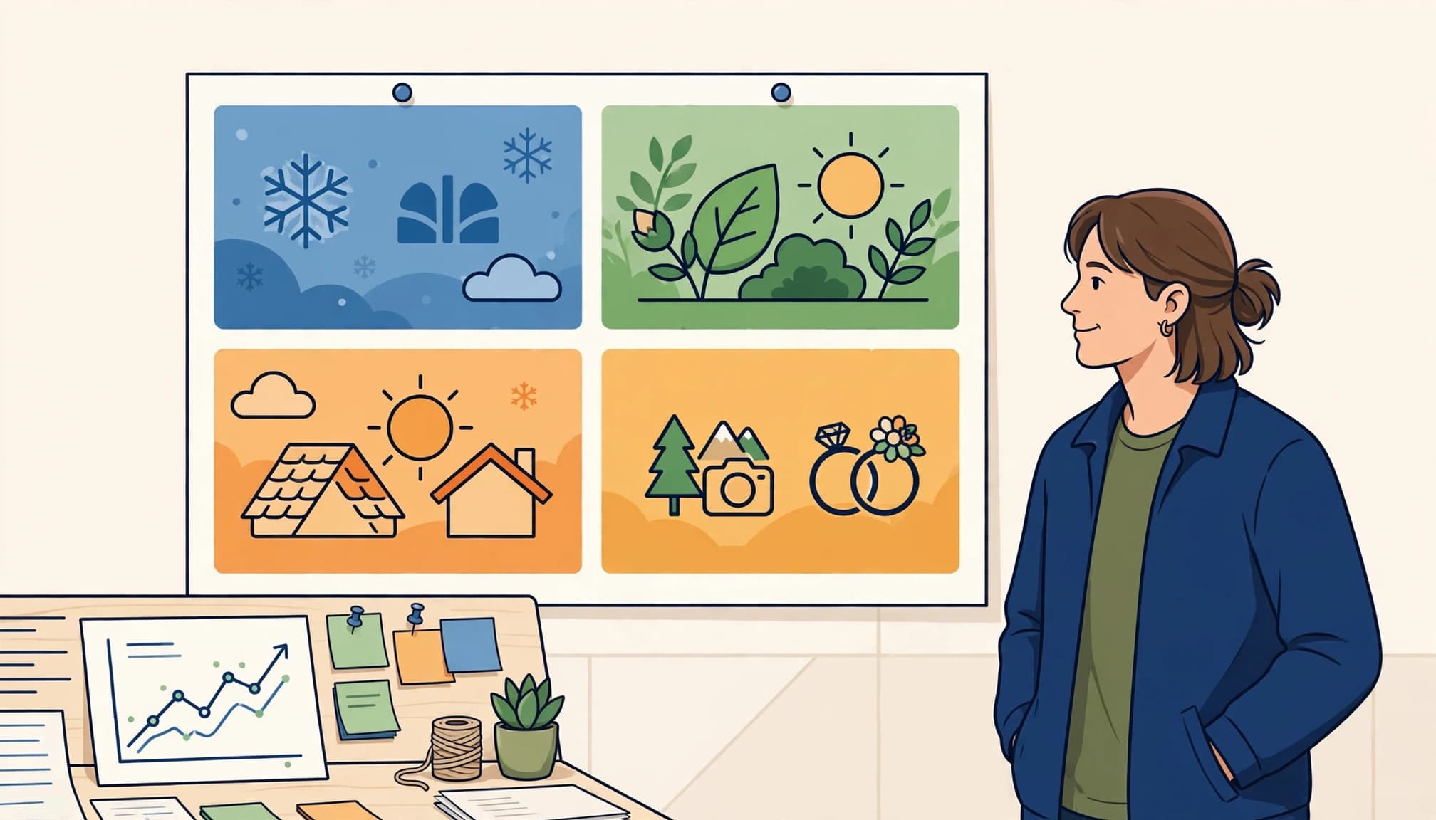 A business owner reviews seasonal service icons and an analytics chart beside a wall calendar.