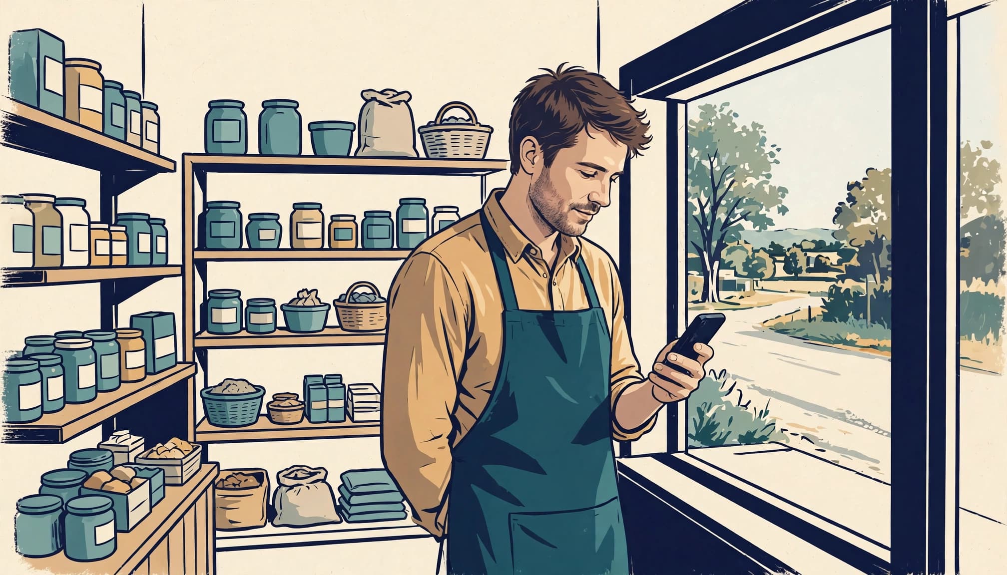 A shop owner checks a phone beside shelves of local goods.